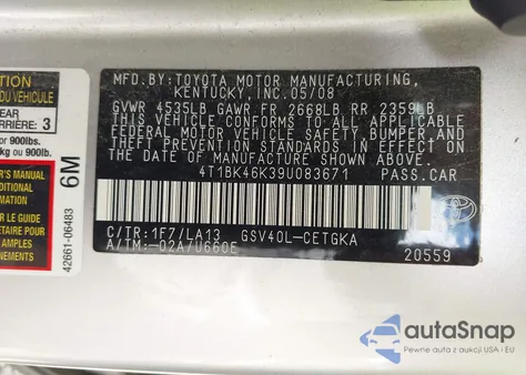 2009 Toyota Camry Xle V6 из США, поврежденный, VIN 4T1BK46K39U083671